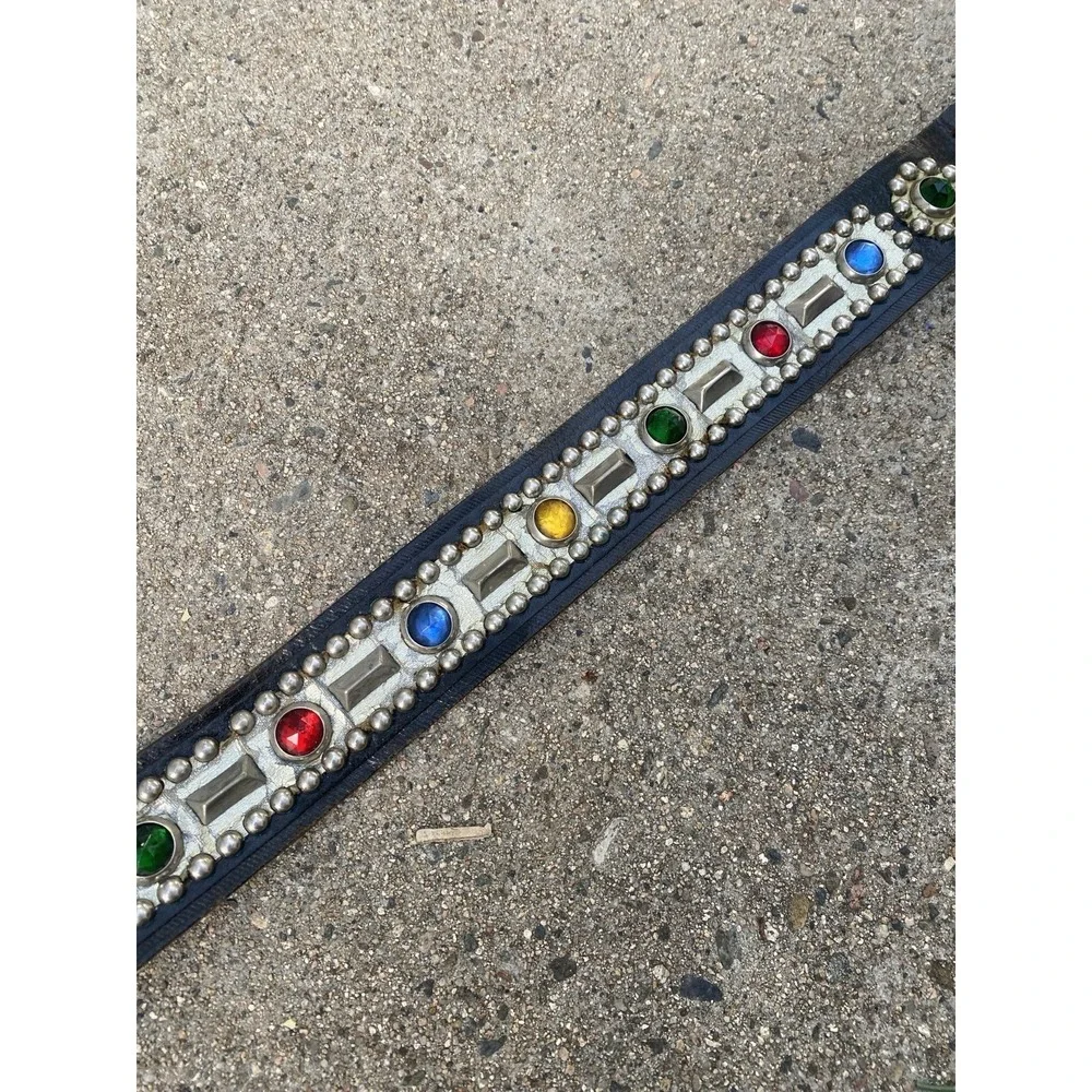 Vintage 40s 50s Studded Jeweled Rockabilly Belt Two-Prong Buckle Leather Black